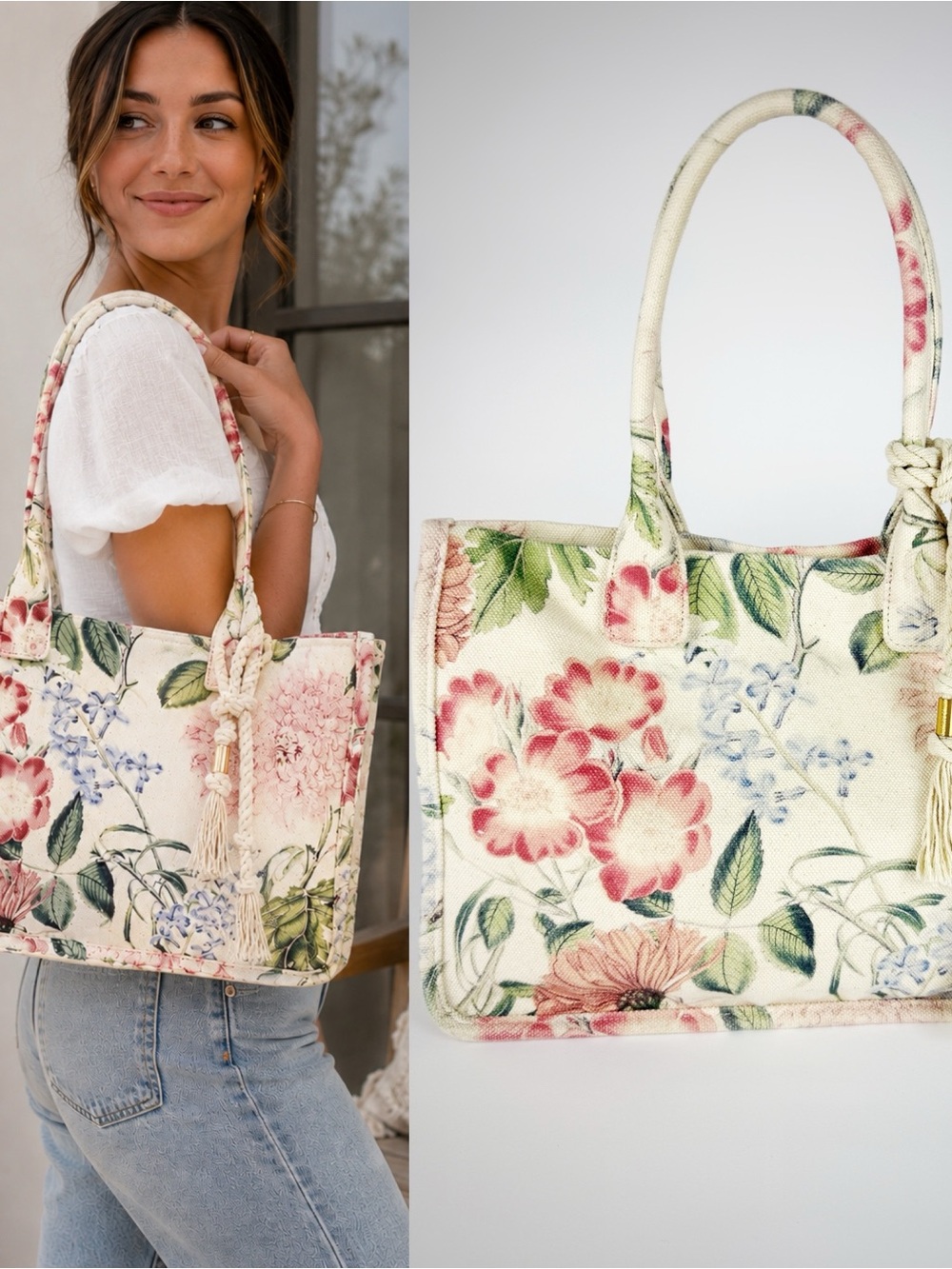 Vince Camuto Orla Cream Floral Canvas Tote with Pink and Green Accents